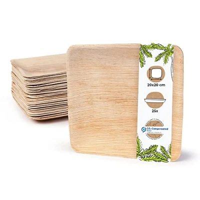 Abbildung von GREENBOX Palmware Hochwertiges Palmblattgeschirr I 25 Stück Palmblatt Teller rechteckig 20 x cm Bio Einweggeschirr biologisch abbaubar Partygeschirr Einmalgeschirr Wegwerfgeschirr, Holzfarbe