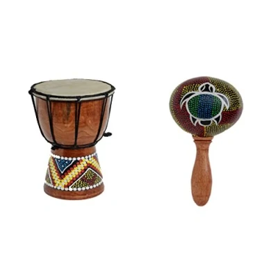 Abbildung von 20cm Kinder Djembe Trommel Bongo Drum Deko Bunt Bemalt + Rassel Schildkröte R1