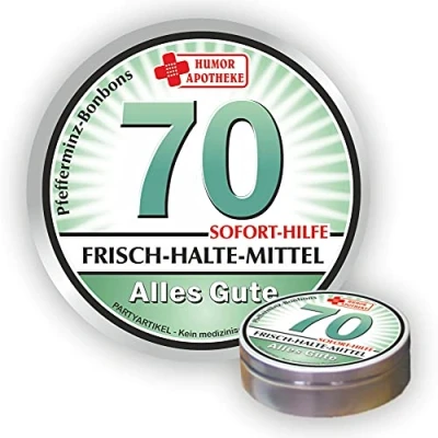 Abbildung von Pfefferminz Bonbon Metalldose Zum 70. Geburtstag, Frischhaltemittel Alles Gute Soforthilfe Humorapotheke Spaßmedizin Humormedizin Pfefferminzdragees Dose Blechdose Pillendose