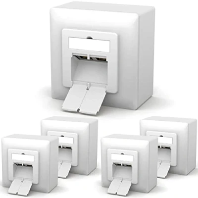 Abbildung von hb digital 5X CAT 6a Netzwerkdose für CAT.8 CAT.7 CAT.6A CAT.6 CAT.5 Verlegekabel mit 2X RJ45 Port Aufputz / Unterputz Datendose Universal EIA/TIA 568A&amp;B 8P8C Gigabit Ethernet RAL9003 Signalweiß