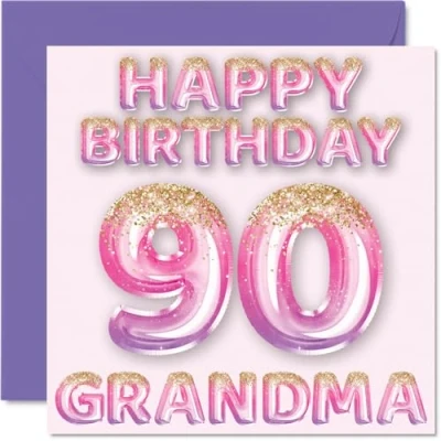 Abbildung von Stuff4 Geburtstagskarte zum 90. Geburtstag für Oma rosa &amp; lila Glitzerballons Happy Birthday Karten 90 Jahre alte von Enkelsohn Enkelin, 145 mm x