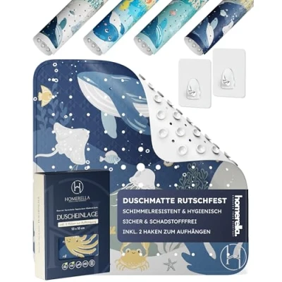 Abbildung von Duschmatte rutschfest Kinder 100% BPA frei Inkl. 2 Haken zum Aufhängen 53x53cm Homerella, Antirutschmatte Dusche Baby hautintensiv &amp; schimmelresistent, Duscheinlage maschinenwaschbar