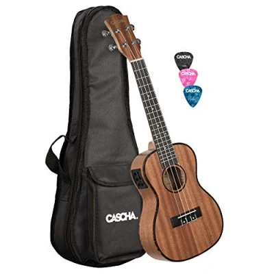 Abbildung von CASCHA Mahagoni Konzert Ukulele Set Tonabnehmer I Starter Kit 3 Plektren Tasche integriertes Stimmgerät Aquila Saiten Nylon Kleine Hawaii Gitarre für Anfänger Fortgeschrittene