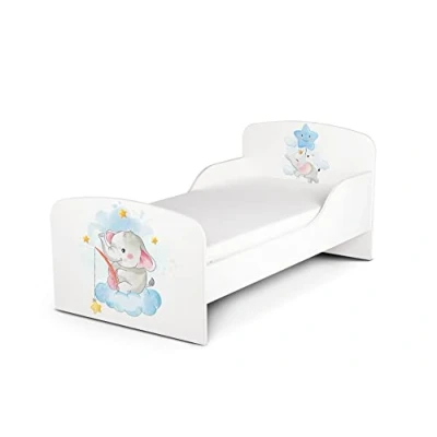 Abbildung von Leomark Funktionsbett aus Holz Baby Elephant Kinderbett mit Matratze, Holzbett Seitenschutz Lattenrost, Komplett Set für Kinderzimmer, Liegefläche 70/140 cm, UV Druck
