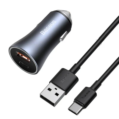 Abbildung von Baseus Golden Contactor Pro Autoladegerät, USB + C, QC4.0+, PD, SCP, 40W (grau) zu C Kabel 1m (schwarz)
