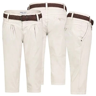 Abbildung von Fresh Made Bermudas Damen Short Bermuda 3/4 Hose Sommer Chino Stoff mit Gürtel Capri