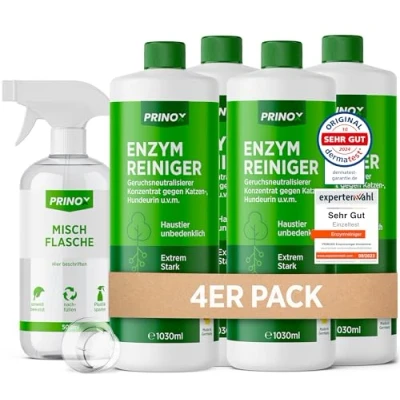 Abbildung von PRINOX® 4 x 1030ml Enzymreiniger Konzentrat inkl. Mischflasche I STARKER GERUCHSENTFERNER Ergibt bis zu 160L Geruchsneutralisierer Beseitigt Hundeurin, Katzenurin Geruch tiefgreifend uvm.