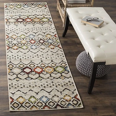Abbildung von SAFAVIEH Boho Teppich für Wohnzimmer, Esszimmer, Schlafzimmer Amsterdam Collection, Kurzer Flor, Elfenbein und Multi, 69 X 244 cm