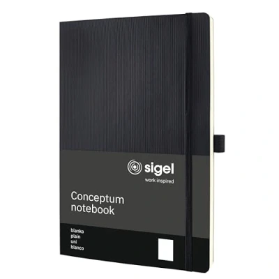 Abbildung von Sigel CO338 Premium Notizbuch blanko A4, Softcover, 194 nummerierte Seiten, schwarz, nachhaltiges Papier, mit Inhaltsverzeichnis, Stiftschlaufe, Falttasche, Gummibandverschluss, Conceptum