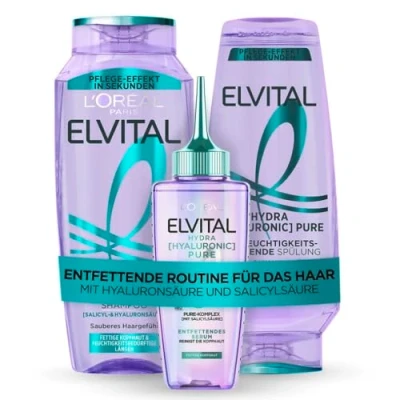 Abbildung von L&#039;Oréal Paris Elvital Germany&#039;s Next Topmodel Haarpflege Routine für fettige Ansätze und trockene Längen: Hydra Hyaluronic Pure Set mit Shampoo 300ml, Spülung 250ml Serum 102ml