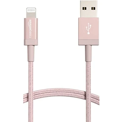 Abbildung von Amazon Basics Verbindungskabel Lightning auf USB A, Nylon umflochten, MFi zertifiziertes Ladekabel für iPhone, Rotgold, 0.9 m