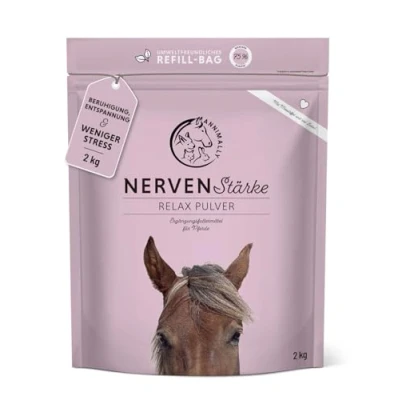 Abbildung von Annimally Nervenstärke Pferde Relax Nerven Pulver 2kg zur Beruhigung beim Pferd Nervenkräuter mit Magnesium, Tryptophan, Baldrian, Passionsblume &amp; Hanföl gegen Angst, Stress für Transport