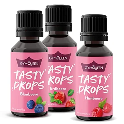 Abbildung von GymQueen Tasty Drops, 3x30ml, Blaubeer, Erdbeer, Himbeer, Flavour Drops ohne Kalorien