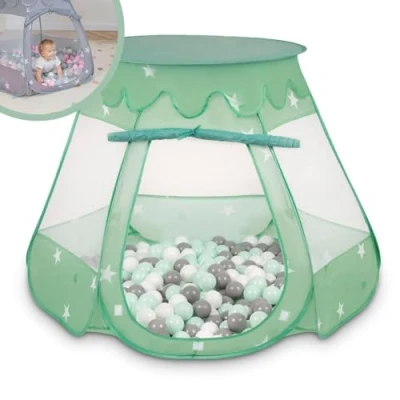Abbildung von Selonis Baby Spielzelt Mit Plastikbällen Zelt 105X90cm/200 Stück Bälle Plastikkugel Kinder, Minze:Weiß/Grau/Minze