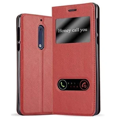Abbildung von Cadorabo Hülle kompatibel mit Nokia 5 2017 Sichtfenster aus Premium Kunst Leder Flip Klappbare Stoßfeste Magnetische [Standfunktion] [Kartenfächern] Cover für Tasche in Rot