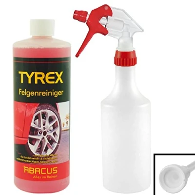 Abbildung von ABACUS® Felgenreiniger Set Konzentrat 1x 1000 ml Tyrex Felgen Reiniger mit Zubehör 750 Sprühflasche Handsprühflasche + Sprühkopf Profi rot (7074)