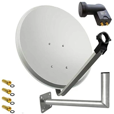 Abbildung von Premium X SAT Anlage 45cm Hellgrau Satellitenantenne Stahl Satellitenschüssel Twin LNB Wandhalter ALU 2TN 4 Stecker