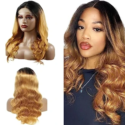 Abbildung von Lakaisa Glueless Wig Human Hair 4X4 HD Lace Front Echthaar Perücke Body Wave Unprocessed Brazilian Virgin 180% Density 1B/27 Blond Color No Smell Tangle 26 Zoll