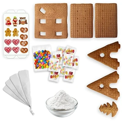 Abbildung von Lebkuchen WELT Hexenhaus All Inclusive Bastelset mit Bastel Anleitung ca. 16x17x16cm inkl. Zuckerfiguren Schokolinsen Gummibärchen Zuckerguss Tube &amp; Lebensmittelkleber 920g Lebkuchenhaus