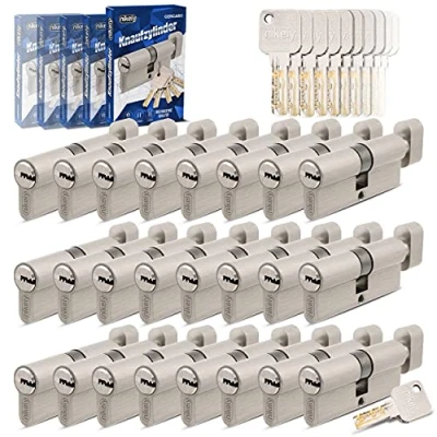 Abbildung von GERCAR Pro Gleichschließend 24 Knaufzylinder 30/30 Set 24x Schließzylinder mit Knauf inkl. 120 Schlüssel 60 mm Türschloss Zylinderschloss 24er Zylinder Länge: 60mm, A:30 B:30 Messing matt