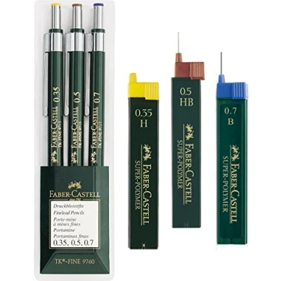 Abbildung von Faber Castell 136030 3er Set Druckbleistifte TK FINE 9760, Minenstärken: 0,35 mm; 0,5 mm + 0,7 mm, Schaftfarbe: grün Eco Bundle mit Ersatzminen 0.35 H 0.5 HB 0.7 B