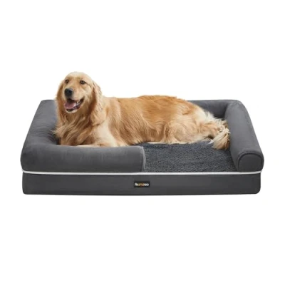 Abbildung von Feandrea Orthopädisches Hundebett, Hundekissen, Hundekorb, weiche Polsterung, Hundesofa, erhöhte Ränder, Bezug abnehmbar und waschbar, 112 x 86 20 cm, rutschfeste Unterseite, dunkelgrau PGW068G01