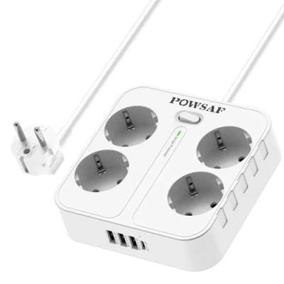 Abbildung von POWSAF Vierfach Steckdosenleiste mit vier USB Ladeanschlüssen, zur Wandmontage, für Haus und Büro Weiß