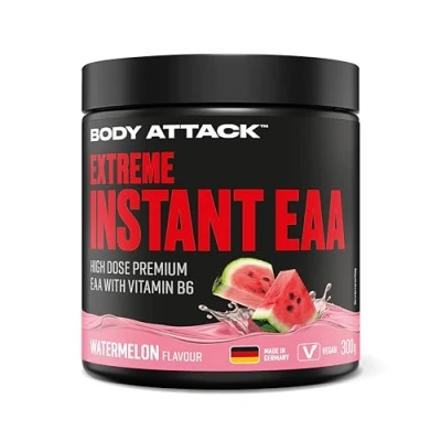 Abbildung von Body Attack Extreme Instant EAA Pulver Watermelon, 300 g Vegan, Made in Germany 8 essentielle Aminosäuren für eine Protein reiche Ernährung &amp; intensives Training Ideale 2:1:1 Ratio