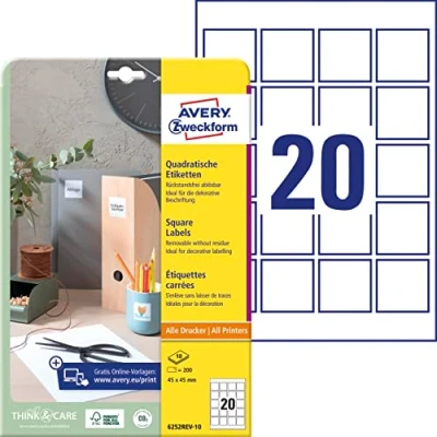 Abbildung von AVERY Zweckform 6252REV 10 Quadratische Etiketten (200 Klebeetiketten, 45x45mm auf A4, QR Code Aufkleber zum Bedrucken, wieder rückstandsfrei ablösbar, selbstklebende Etiketten) Blatt, weiß