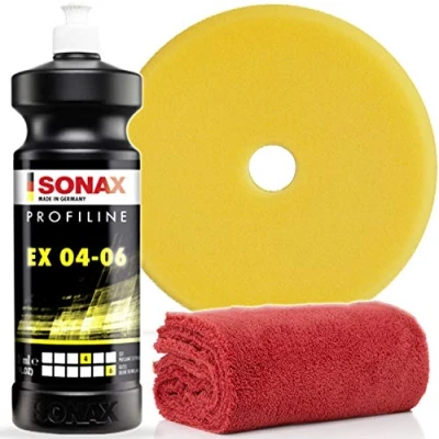 Abbildung von detailmate SONAX Polituren Set (Basic 1 1L) PROFILINE EX 04/06 1L + Exzenter Pad medium 143 DA Edgeless Superflausch 40x40cm 550GSM