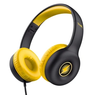 Abbildung von Trust Nouna Kinder Kopfhörer mit Kabel, Lautstärkenbegrenzer (85dB) für Kinderen ab 4 Jahre, On Ear Faltbares Headset Mikrofon, 3.5mm Klinke, Aufkleber, Schwarz