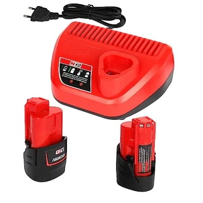 Abbildung von Powarobor 2 Stück M12 12V 3.0Ah Ersatzakku und 1 Ladegerät Starter Kit Kompatibel mit Milwaukee 12Volt Li Ion Akkus Werkzeuge