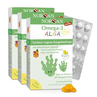 Abbildung von NORSAN Omega 3 vegan Kids JELLY 45 hochdosiert (3x45 Stück) / 220mg pro Kaugeleedrops/veganes mit EPA &amp; DHA/Omega Tutti Frutti Geschmack