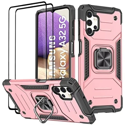 Abbildung von KANSi Hülle kompatibel für Samsung Galaxy A32 5G, Schutzfolie [2 Stück] Silikon TPU Hart PC Handy Hüllen 360 Grad Drehbar Ringhalter Bumper Stoßdämpfung Schutzhülle 5G Rosé Gold