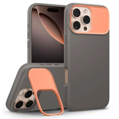 Abbildung von Caseology Nano Pop Mag Kickstand für iPhone 16 Pro Max Hülle [Metall Ständer zum Schutz der Kamera] Militärqualität mit Fallschutz Papaya Gray