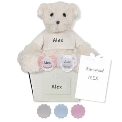Abbildung von BebeDeParis. Personalisierbare Schnuller und Teddybär, 2 Stück. Wertvolles personalisiertes Geschenk zur Geburt. Präsentiert in einer sehr eleganten Schachtel.