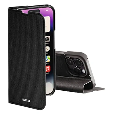 Abbildung von Hama Handytasche für Apple iPhone 14 Pro Max „Slim Pro“ (Schutzhülle mit Geldbörse 2x Kartenfach, klappbare Hülle Magnetverschluss und Standfunktion) schwarz