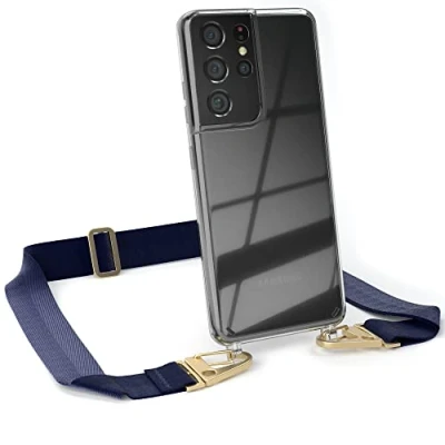 Abbildung von EAZY CASE Hülle mit Band kompatibel Samsung Galaxy S21 Ultra 5G Handyhülle Umhängeband für Silikonhülle Transparent Schutzhülle Handykette zum Umhängen Handykordel Blau Gold