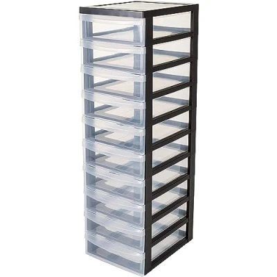 Abbildung von Iris Ohyama Kunststoff Schubladenbox mit Rollen, 10 flachen Schubladen, Schwarz, Griffe zum Ziehen, Für Schlafzimmer, Bad, Schule &amp; Büro, BPA frei, Schubladenschrank, Rollcontainer, A4 Drawer, DC 010