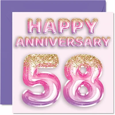 Abbildung von Stuff4 Hübsche Karte zum 58. Jahrestag für Ehefrau, Freundin, Ehemann, Freund, rosa lila Glitzerballons Happy 58 Jahrestagskarten aus der Familie, 145 mm x Grußkarten fünfzig Jahrestage