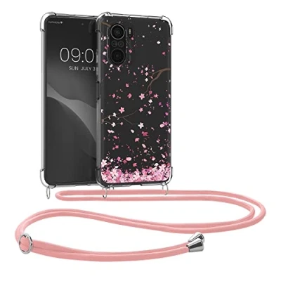 Abbildung von kwmobile Necklace Case kompatibel mit Xiaomi Mi 11i / Poco F3 Hülle Silikon Cover Handykette Rosa Dunkelbraun Transparent Kirschblütenblätter