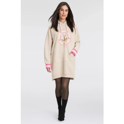Abbildung von Zwillingsherz Sweatkleid &quot;Zuhause am Strand&quot; mit Kapuze, Taschen, Front und Backmotiv Bündchen Neonstreifen