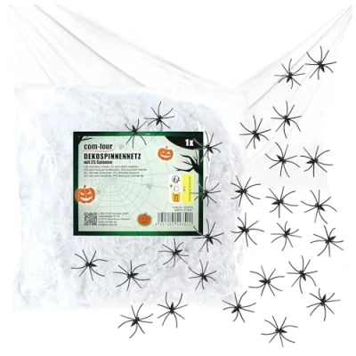 Abbildung von com four® 26 teiliges Deko Set für Halloween 500g dehnbares Spinnennetz mit 25 schwarzen Spinnen gruseliges weißes Spinnengewebe als Dekoration Halloween, Fasching, Horror oder Mottopartys