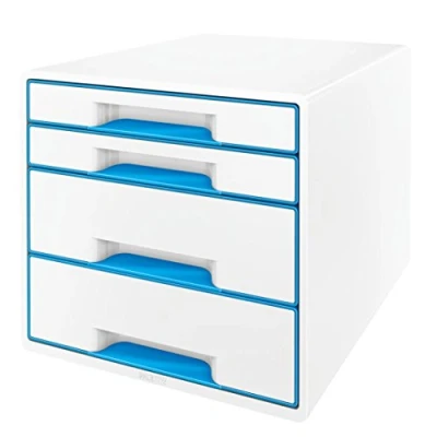 Abbildung von Leitz CUBE Schubladenbox mit 4 Schubladen, Weiß/Blau, A4, Inkl. transparentem Schubladeneinsatz, WOW, 52132036