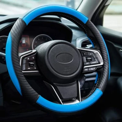 Abbildung von Auto Lenkradbezug Leder, Mikrofaser Universal Size 37 38cm, Weiche, rutschfest, Atmungsaktiv, Blau