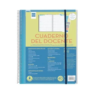 Abbildung von Finocam Lehrer Wochen Notizbuch auf Spanisch, mit transparenten Aufklebern und Hüllen, Listen Bewertungsblättern Tutorial Abschnitt, ideal für die Schuleorganisation.