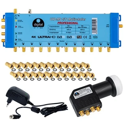 Abbildung von HB DIGITAL Set: Quattro LNB Schwarz (Test: SEHR GUT) + Multischalter pmse 5/12 mit 1x Satellit und bis zu 12x Teilnehmer/Receiver für Full HDTV 3D 4K UHD Netzteil 25 Vergoldete F Stecker