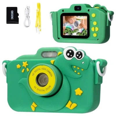 Abbildung von Kinderkamera Kinder Kamera Geschenke für 3 4 5 6 8 7 9 10 11 Jahre Jungen Mädchen 1080P HD Anti Drop Dinosaurier Digitalkamera mit 2.0Display und 32GB Karte Geburtstagsgeschenk Spielzeug