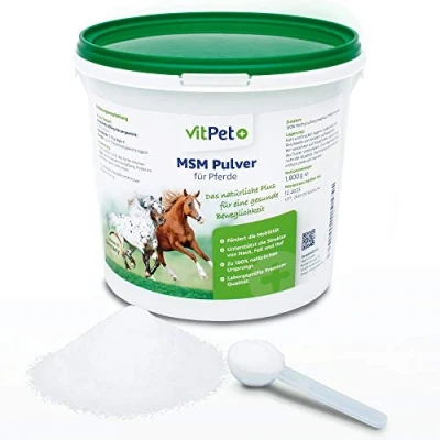 Abbildung von VitPet+ MSM Pferd Premium Pulver für Pferde im 1,8 kg Eimer inkl. Dosierlöffel (Methylsulfonylmethan / Schwefel und Hunde)