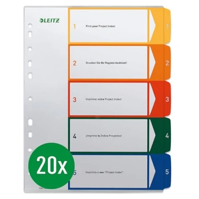 Abbildung von Leitz Register für A4, 20er Pack, PC beschriftbares Deckblatt und 5 Trennblätter, Taben mit Zahlenaufdruck 1 5, Überbreite, Weiß/Mehrfarbig/Transparent, Polypropylen, 12910000